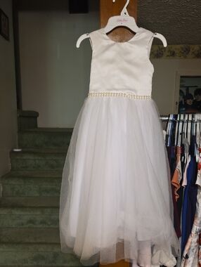 Girls Ivory Pearl-Trim Tulle Dress